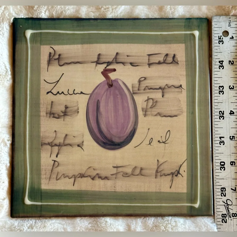 Crate & Barrel Tile Trivet Plum Made in Italy Hand Painted 8”x8” Tile Only